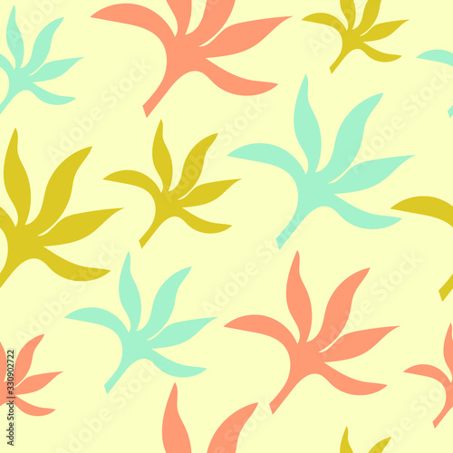 Hand drawn seamless pattern of simply color palm leaves. Vector illustration for summer design.