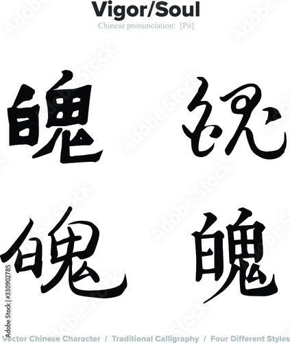 vigor, soul - Chinese Calligraphy with translation, 4 styles