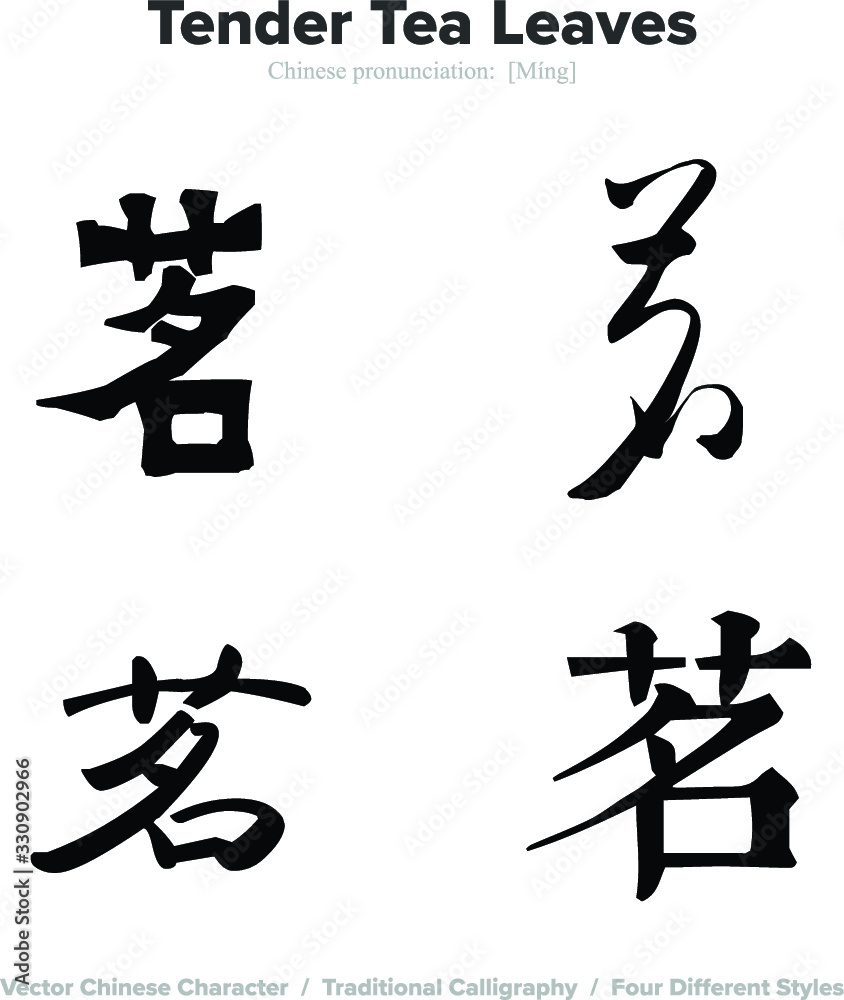 Tender tea leaves, new tea - Chinese Calligraphy with translation, 4 styles Tender tea leaves, new tea - Chinese Calligraphy with translation, 4 styles