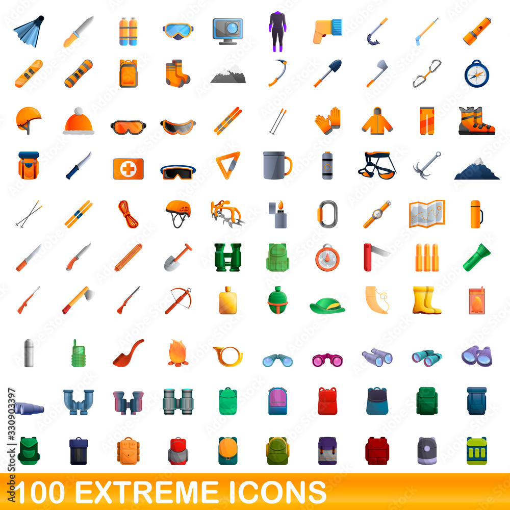 100 extreme icons set. Cartoon illustration of 100 extreme icons vector set isolated on white background