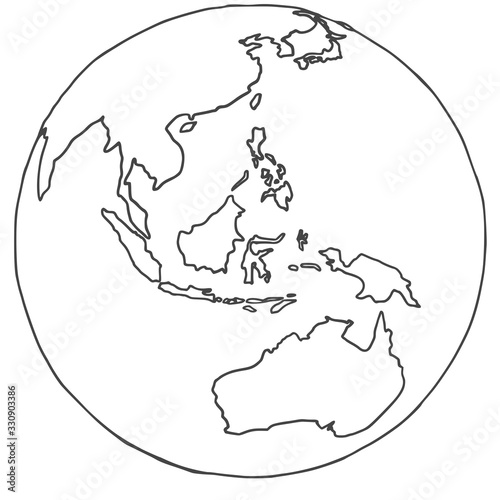 Globe icon. Australia and Asia on the globe. Vector planet earth. Hand drawn globe