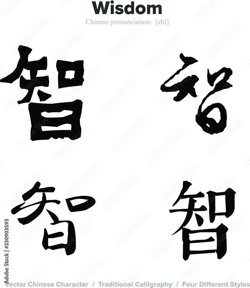 wisdom - Chinese Calligraphy with translation, 4 styles
