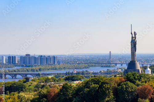 View of Motherland Monument and the Dnieper river in Kiev  Ukraine. Kiev cityscape