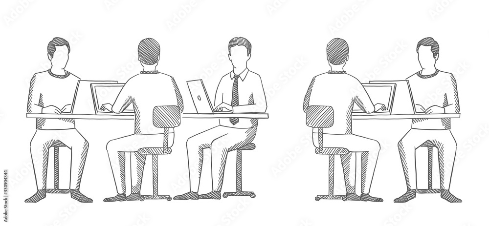 Business team. Men sit at a laptop. Front and back view. Office people sketch. Process of working at the table. Hatched drawing picture. Gray pencil. Hand drawn vector.