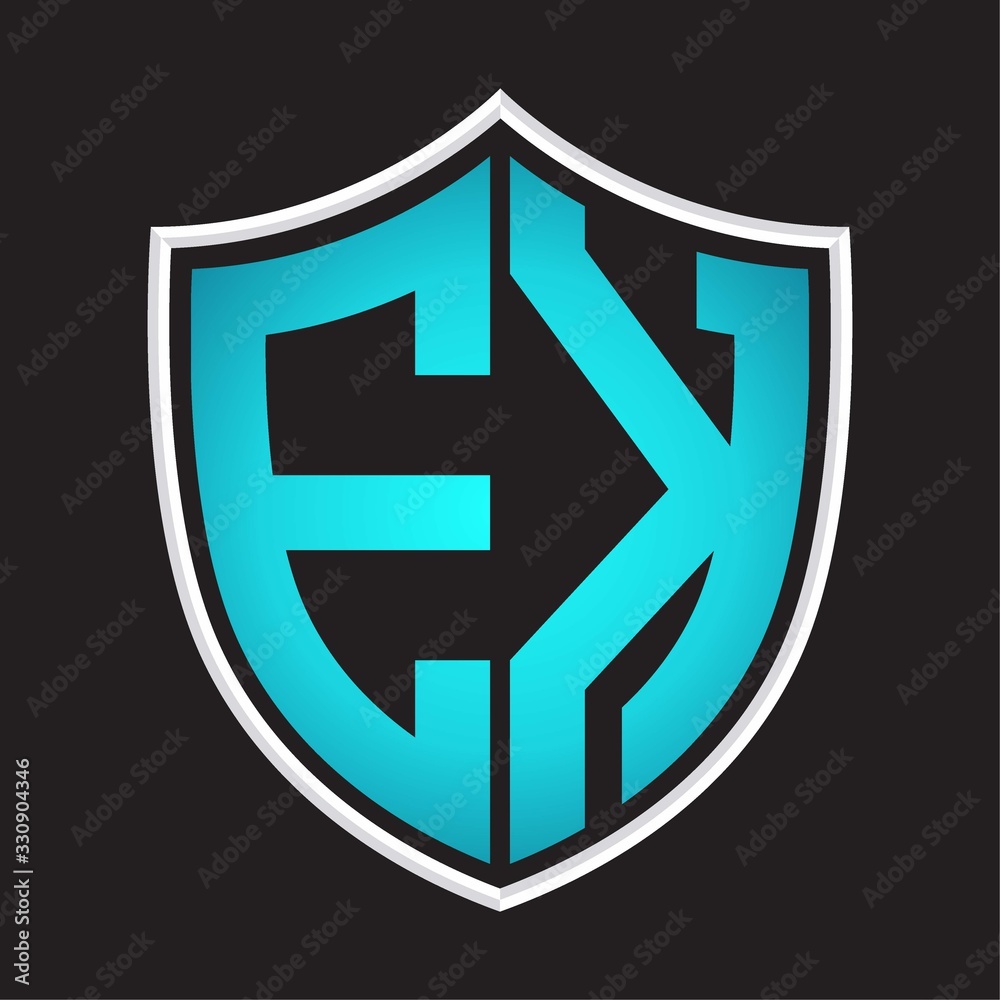 EK Logo monogram with shield shape isolated blue colors on outline design template EK Logo monogram with shield shape isolated blue colors on outline design template