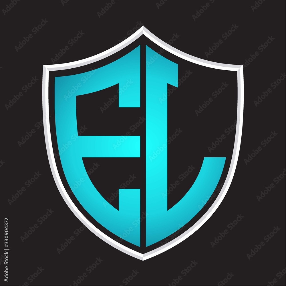 EL Logo monogram with shield shape isolated blue colors on outline design template EL Logo monogram with shield shape isolated blue colors on outline design template