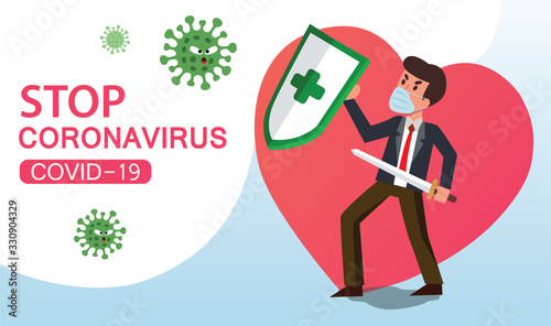 Vector Fight virus. Cartoon man character fighting with virus. Coronavirus Covid-19.