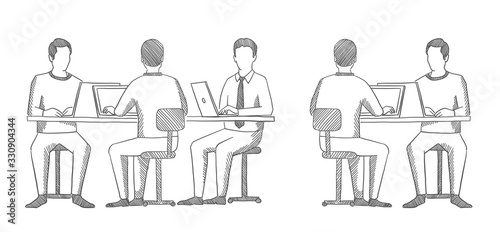 Business team. Men sit at a laptop. Front and back view. Office people sketch. Process of working at the table. Hatched drawing picture. Gray pencil. Hand drawn vector.