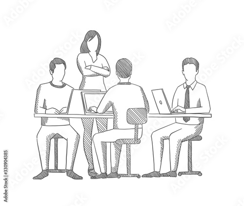 Business team. Office people sketch. Company group. Working at the table. Hatched drawing picture. Gray pencil. Hand drawn vector.