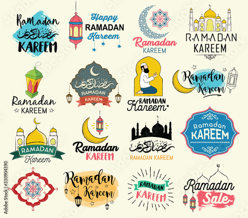 Ramadan Kareem hand drawn tags, logos, and elements set for islamic holy holiday Ramadan, greeting cards, Ramadan traditions and print.