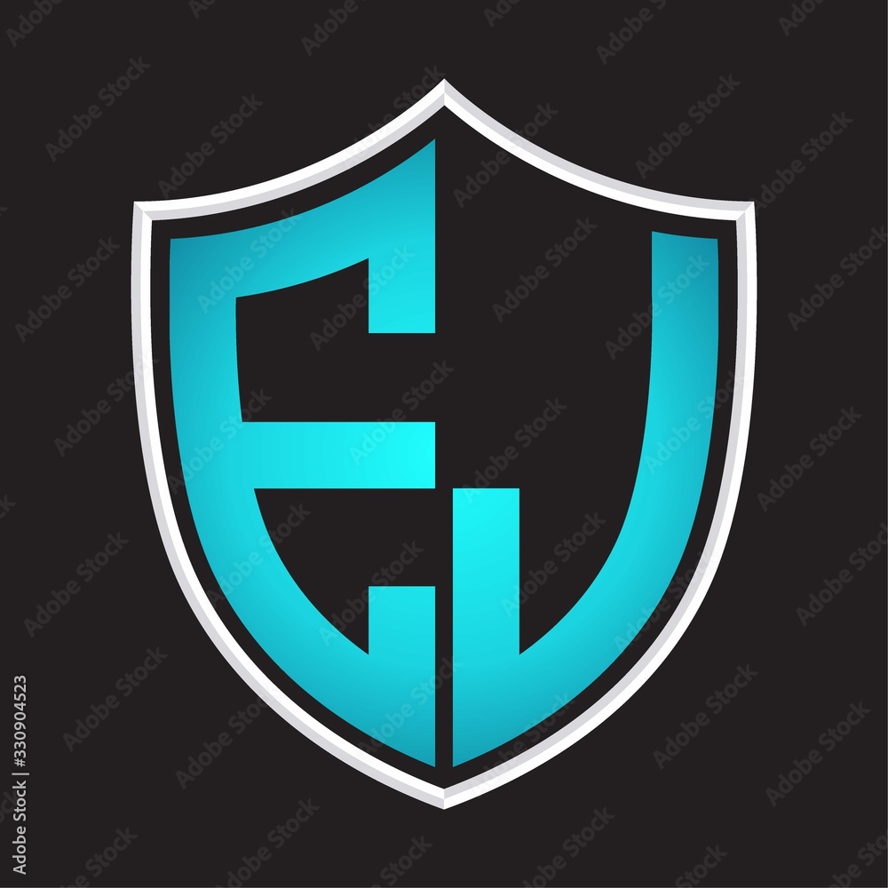 EJ Logo monogram with shield shape isolated blue colors on outline design template EJ Logo monogram with shield shape isolated blue colors on outline design template