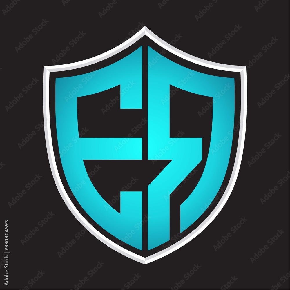ER Logo monogram with shield shape isolated blue colors on outline design template ER Logo monogram with shield shape isolated blue colors on outline design template