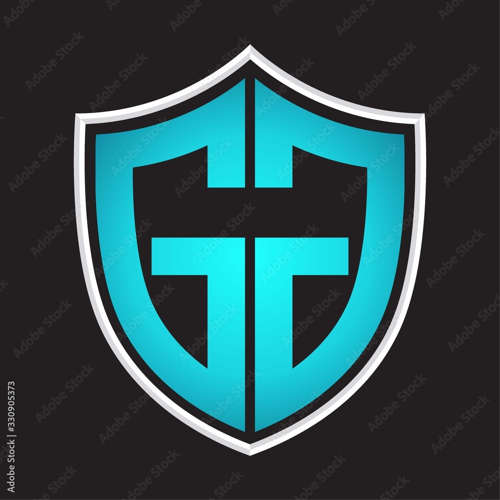 GG Logo monogram with shield shape isolated blue colors on outline design template GG Logo monogram with shield shape isolated blue colors on outline design template