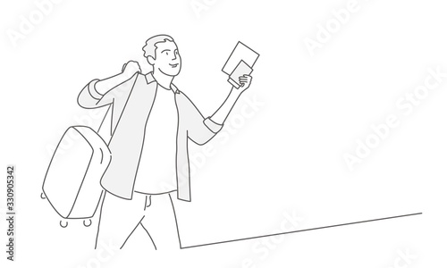 Concept travel and tourism. Line drawing of man with suitcase and passport.