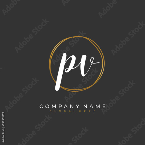 Handwritten initial letter P V PV for identity and logo. Vector logo template with handwriting and signature style.