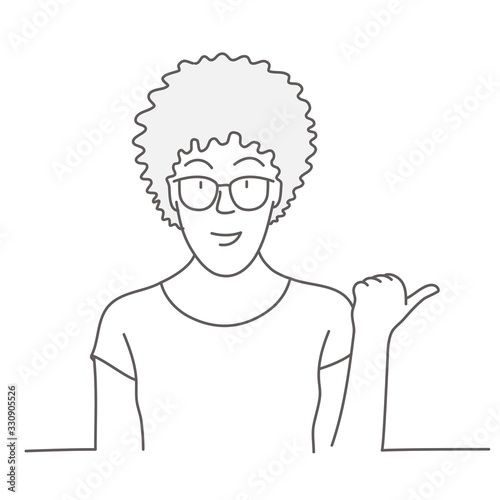Hand drawn vector illustration of girl pointing to the side with thumb up.