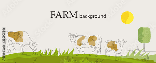 Horizontal agricultural background. Cows are drawn in one line.