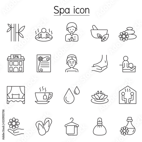 Spa, Aromatherapy icon set in thin line style