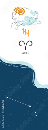 Zodiac background. Aries constellation. One line. Minimalistic graphics.