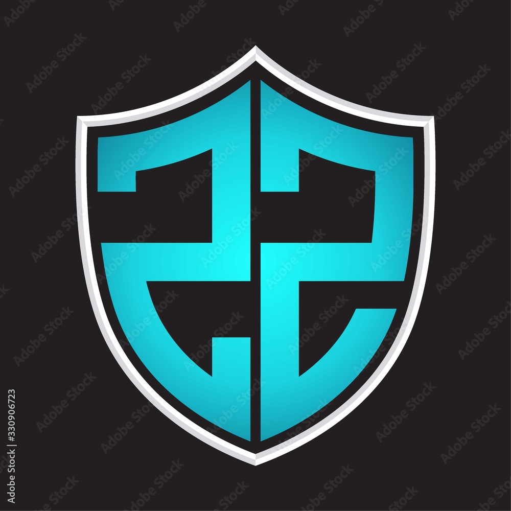 ZZ Logo monogram with shield shape isolated blue colors on outline design template ZZ Logo monogram with shield shape isolated blue colors on outline design template