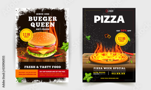 Fast Food Flyer Design Template cooking, cafe and restaurant menu, food ordering, junk food. Pizza, Burger, French fries and Soda. Vector illustration for banner, poster, flyer, cover, menu, brochure.