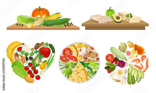 Healthy Food Arranged in Circle and Heart Shapes and Cutting Board with Greengrocery Products on It Vector Set