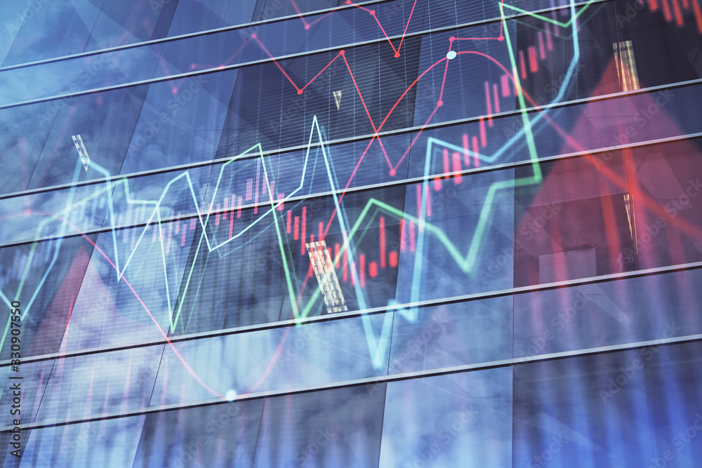 Forex chart on cityscape with tall buildings background multi exposure. Financial research concept. Forex chart on cityscape with tall buildings background multi exposure. Financial research concept.