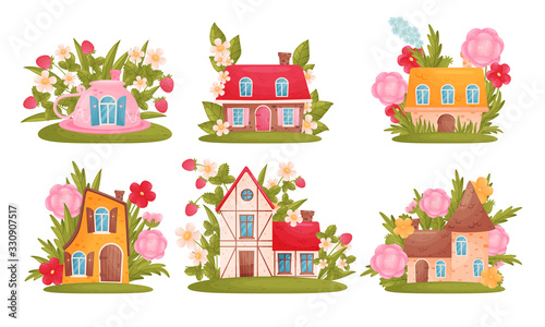 Fabulous Houses Surrounded by Grass and Flowers Vector Set