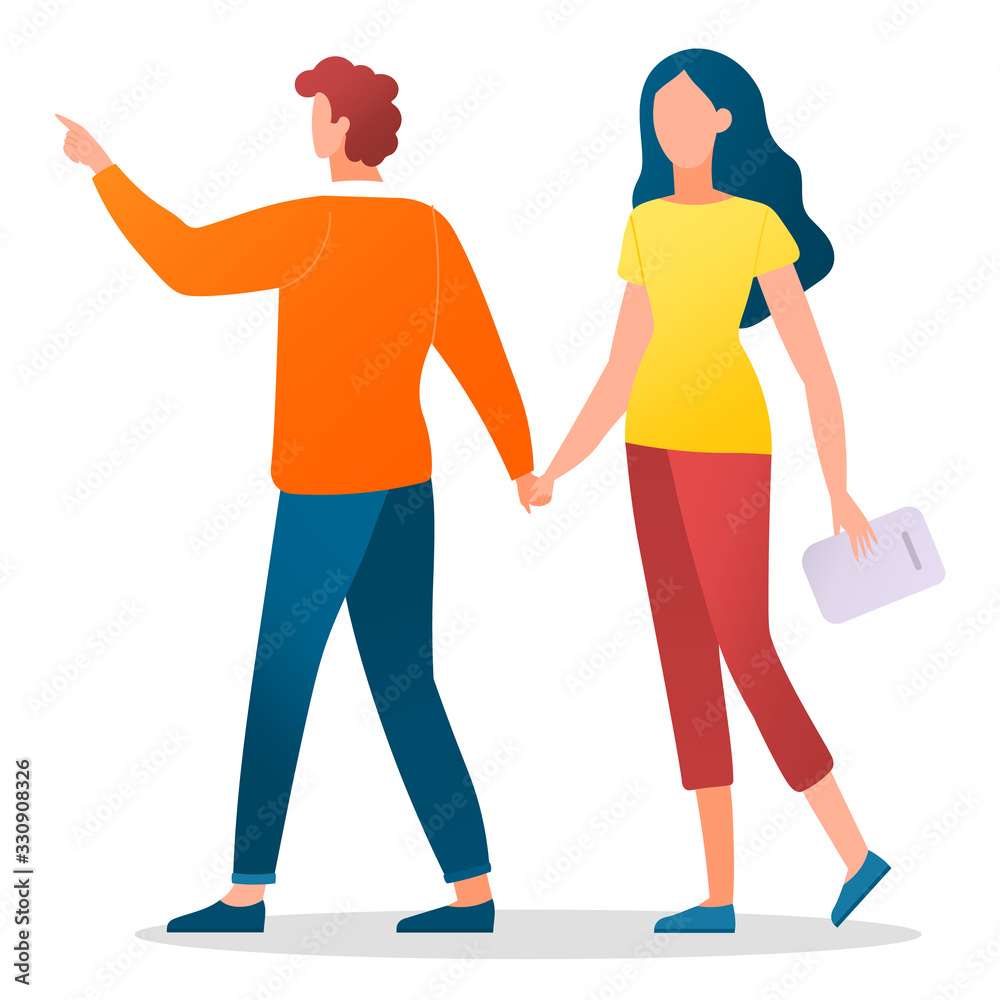 Man leading woman and pointing in direction. Crowdfunding and referring friend, isolated characters. Manager and boss with document paper. Teamwork of people personages, vector in flat style Man leading woman and pointing in direction. Crowdfunding and referring friend, isolated characters. Manager and boss with document paper. Teamwork of people personages, vector in flat style