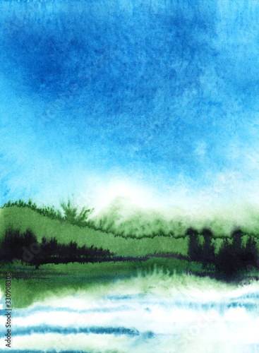 Bright summer landscape on wet paper. Ultramarine sky gradienting to white, green vegetation and wavy surface of water reflecting beauty of surrounding nature. Hand drawn watercolor illustration