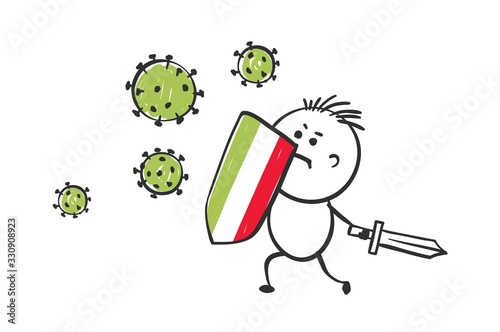 Italy fights the virus. Vector illustration, funny little man kills flying viruses.	