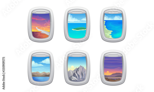 Picturesque View from Airplane Window or Porthole Vector Set