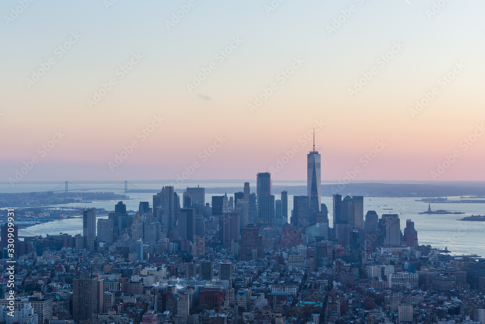 Sunset landscape in New York with Manhattan skyline