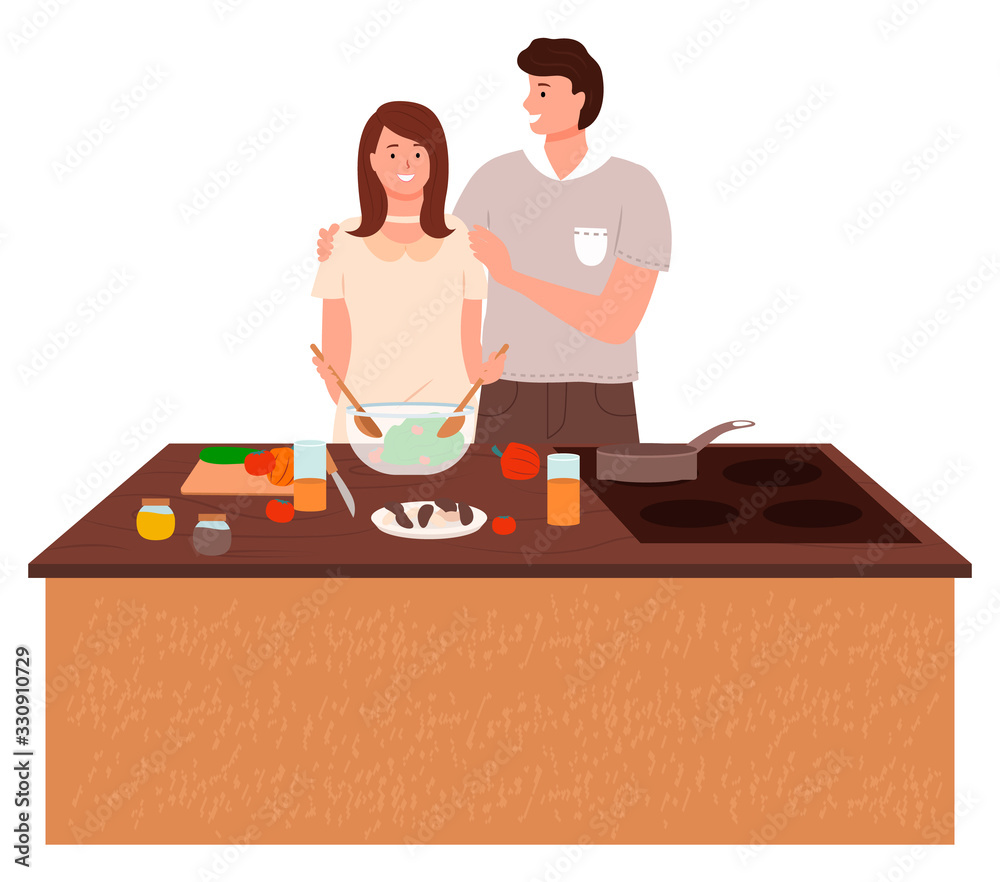 Couple stand together by table on kitchen. Man hugging and helping woman. Housewife preparing vegetable salad for eating. Pan on stove, ingredients on desk. Vector illustration of cooking in flat