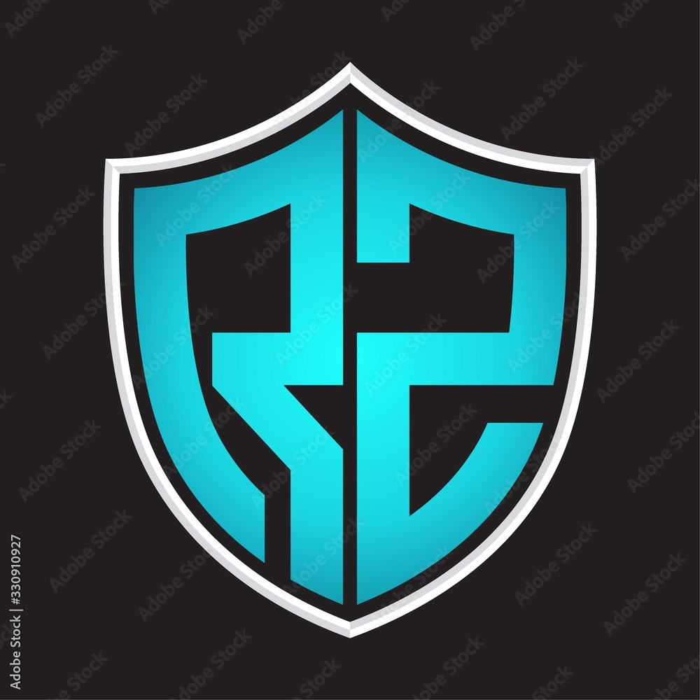 RZ Logo monogram with shield shape isolated blue colors on outline design template RZ Logo monogram with shield shape isolated blue colors on outline design template