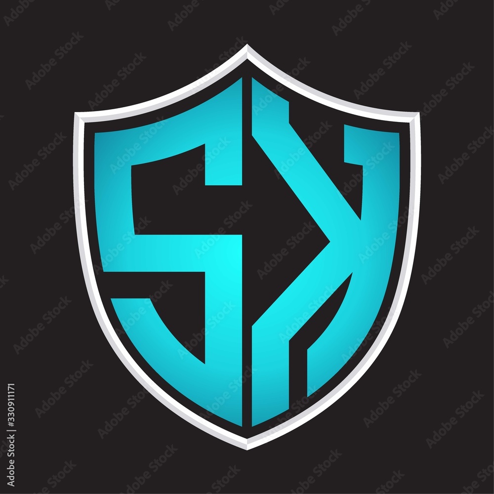 SK Logo monogram with shield shape isolated blue colors on outline design template