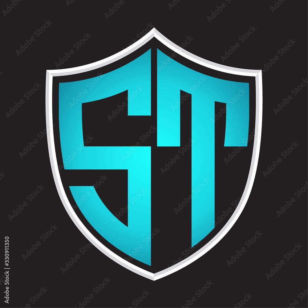 ST Logo monogram with shield shape isolated blue colors on outline design template ST Logo monogram with shield shape isolated blue colors on outline design template