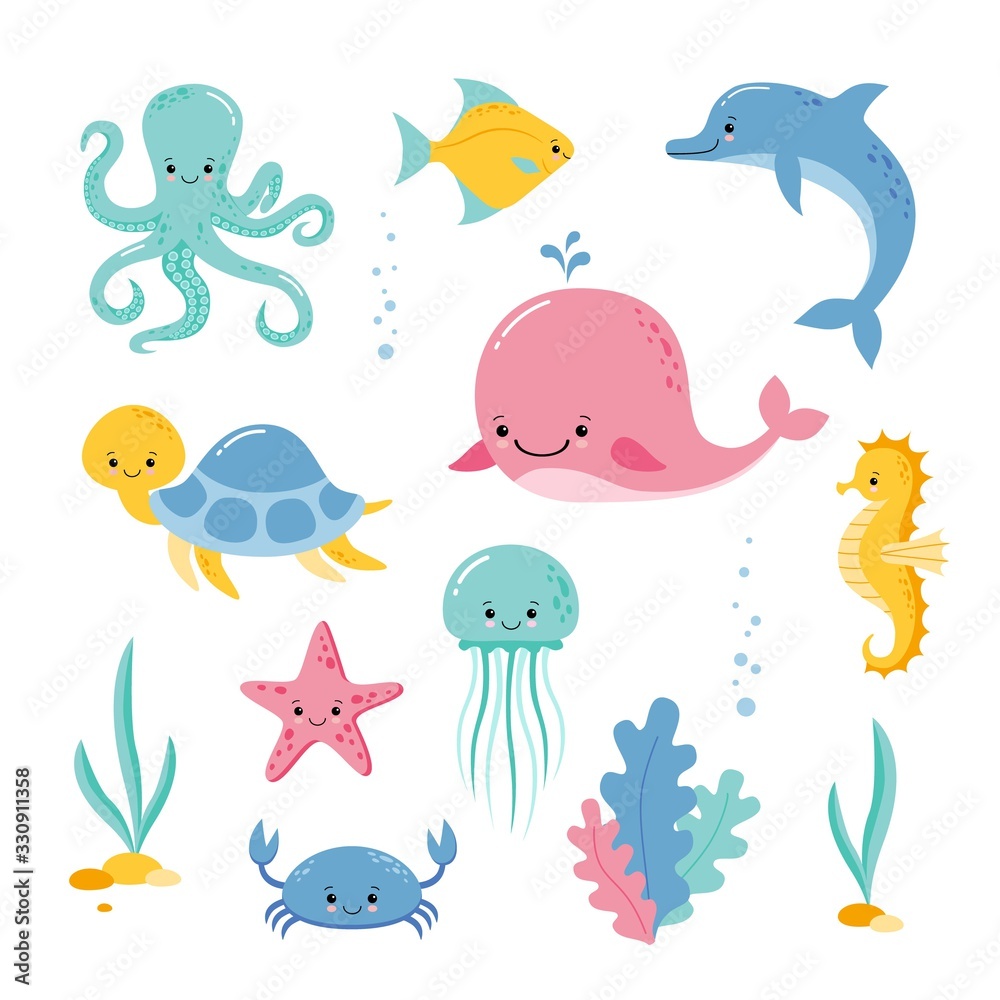 Cute sea creatures and animals vector icons isolated on white background. Kawaii style Cute sea creatures and animals vector icons isolated on white background. Kawaii style