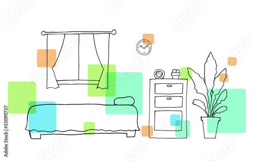 部屋のインテリアの手描き線画イラスト
