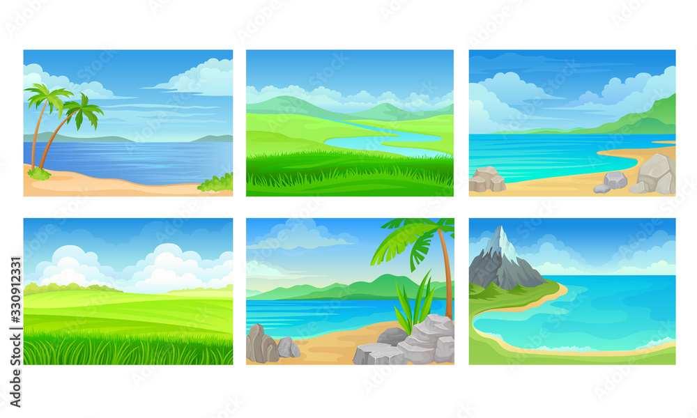 Beach and Mountain Scenes and Landscapes Vector Set