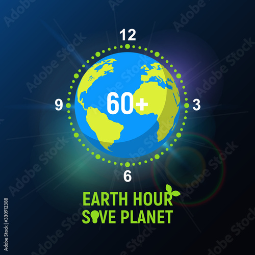Earth Hour banner. Saving the planet, environmental action. Globe in the form of a clock on a light background.