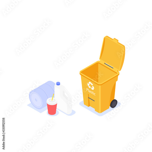 Sorting and recycling plastic waste on a white background.