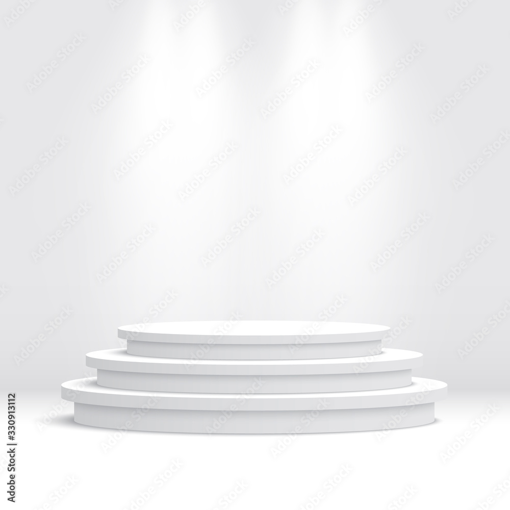 White round podium. Pedestal and spotlights. Vector illustration.