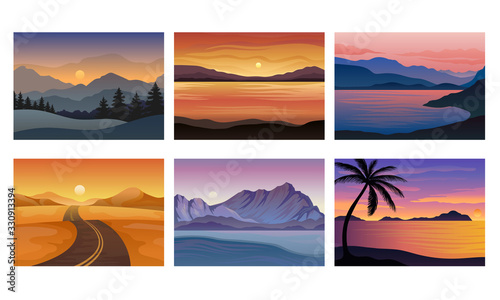 Sunset Landscapes and Scenes with Mountains and Seaside Vector Set