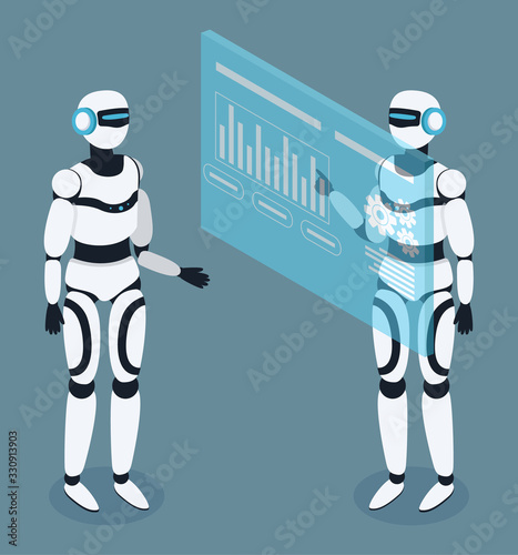 Two robots standing near screen or projection with information. Machines with artificial intelligence working on analysis of data. Character look at graphic and explore it. Vector illustration in flat
