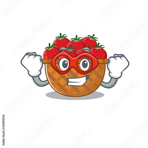 A picture of tomato basket in a Super hero cartoon character