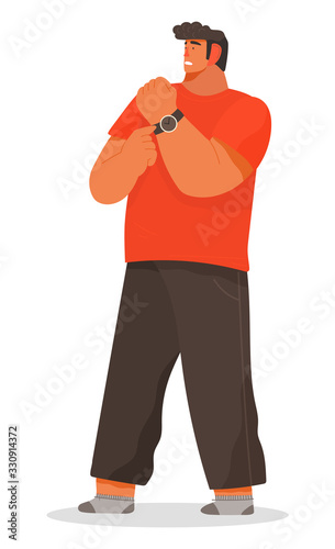 Man late for event or meeting. Personage showing hand with watch pointing on time. Wristwatch of male character. Serious boy looking aside waiting for someone. Vector in flat style illustration