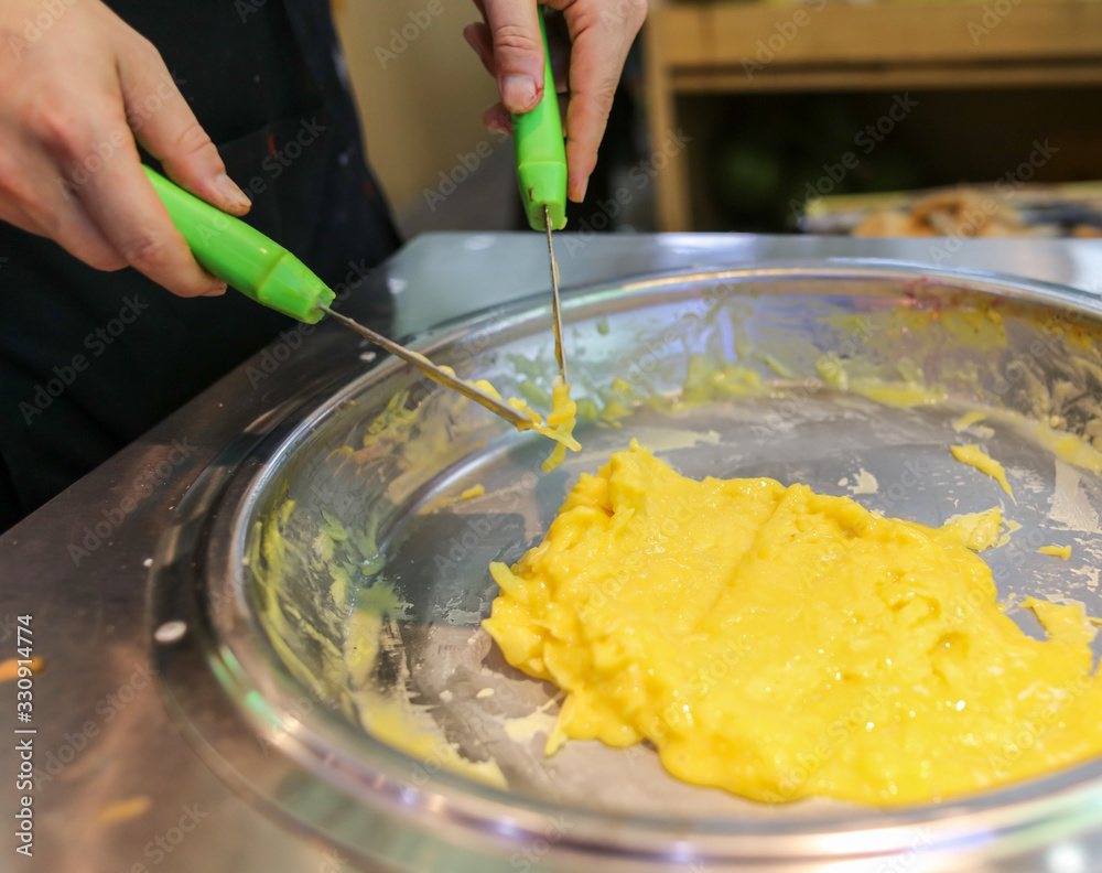 Making fried ice cream from mango and banana Making fried ice cream from mango and banana