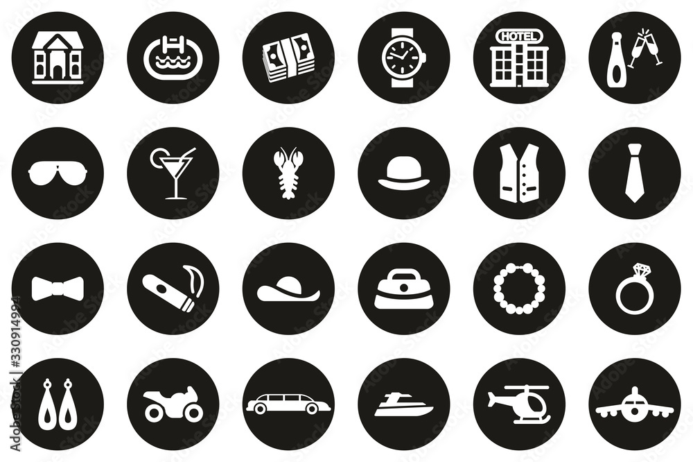 Luxury Or Luxury Life Icons White On Black Flat Design Circle Set Big Luxury Or Luxury Life Icons White On Black Flat Design Circle Set Big
