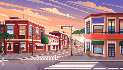 Street of town at morning. Cityscape with old apartment houses and trees on crossroad. Cartoon vector illustration of historic urban area. City street with vintage houses building. Old urban landscape